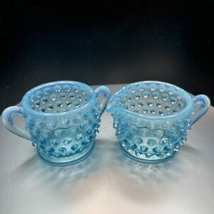 Fenton Blue White Opalescent Glass Hobnail Mini Cream & Sugar Bowl - 2" Vintage